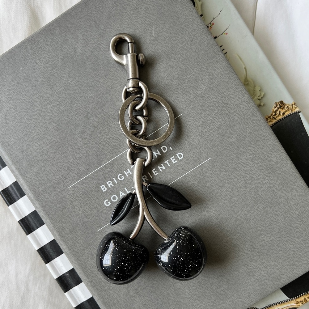 New Cherry Bag Charm Keychain Glitter Black Resin and Metal